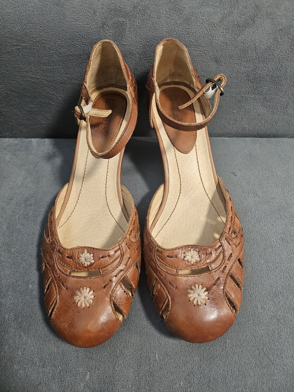 Brown Leather Ankle-Strap Women's Flats with Floral Cutouts